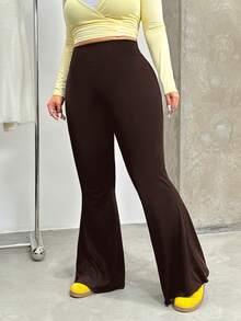 SHEIN EZwear 大码巧克力棕色喇叭裤，休闲百搭，适合秋冬季穿着 - 巧克力棕 - 查看 4