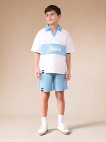 SUMWON Boys Polo Co-Ord Set With Light Blue Contrast Color Block Design Short Sleeve Summer Casual Matching Outfit - Apricot - View 1