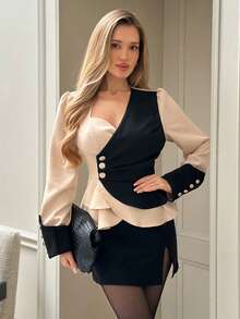 Elenzga 女士优雅时尚通勤休闲舒适迷人复古浪漫温柔淑女长袖V领腰部荷叶边下摆撞色拼接衬衫 - 杏色 - 查看 3