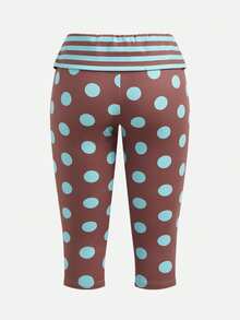 Y2Kool Annarte Leggings cortos de mujer a rayas con puntos en contraste azul menta y marrón, adecuados para fiestas de primavera/verano, vacaciones, entrenamientos, yoga y uso diario - Multicolor - Ver 2