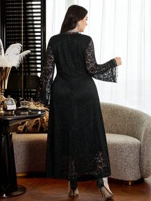 Modelyn Spitze, zart, intellektuell, sexy, romantisch, elegant, damenhaft, göttlich, schwarzes Langarm-Patchwork-Spitzenkleid mit Spitzeneinsätzen, figurbetontes Große Größen Kleid für Frauen - Schwarz - Übersicht 3
