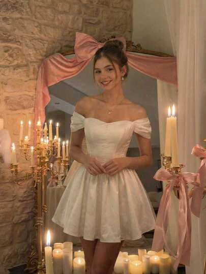 SHEIN MOD 女士杏色露肩连衣裙，适合约会、情人节