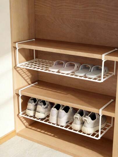 Madebyblanc 1PC Large Capacity Adjustable No Installation Foldable Hook-On Under Shelf Organizer White Multi-Functional Shoe Rack Dorm Home Storage For Shoes Clothes Items Space Saver Storage Solution