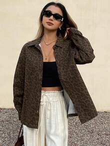 DAZY Loose Casual Vacation Style Brown Leopard Print Butterfly Women Denim Jacket And Coat, Spring/Summer - Brown - View 3