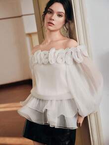 Anewsta 女士露肩长袖纯色花卉装饰时尚衬衫 - 白色 - 查看 1