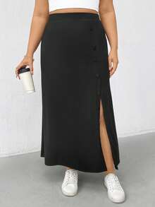 SHEIN Essnce 大码女装春夏时尚休闲弹力舒适日常百搭显瘦开衩黑色长裙，女装下装，春季简约风格黑色高开衩纽扣细节长裙，适合春季穿着 - 黑色 - 查看 1