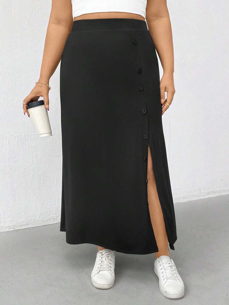 SHEIN Essnce 大码女装春夏时尚休闲弹力舒适日常百搭显瘦开衩黑色长裙，女装下装，春季简约风格黑色高开衩纽扣细节长裙，适合春季穿着 - 黑色 - 查看 1