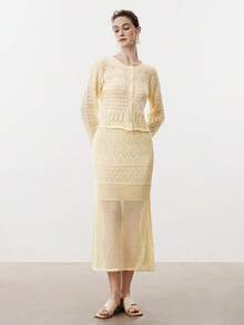 Aalyst 女士春夏新款圆领镂空奶油黄短款修身长袖针织开衫，松紧腰带，中长款，带衬里，优雅高端女士两件套 - 黃色 - 查看 4