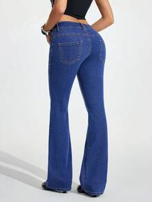 Jeanoix 女士纽扣腰袋设计休闲百搭喇叭裤 - 藍色 - 查看 2