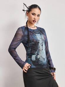 ROMWE Avant Women's New Chinese Style Mysterious Buddha Graphic Mesh Sequin Embroidered Long Sleeve Top