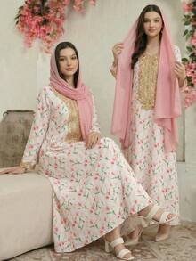 少女款传统阿拉伯花卉复古印花长袍，宽松休闲长袖卡夫坦长裙，饰有精致刺绣滚边，粉色 - 彩色 - 查看 1