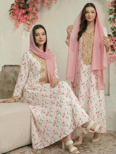 少女款传统阿拉伯花卉复古印花长袍，宽松休闲长袖卡夫坦长裙，饰有精致刺绣滚边，粉色