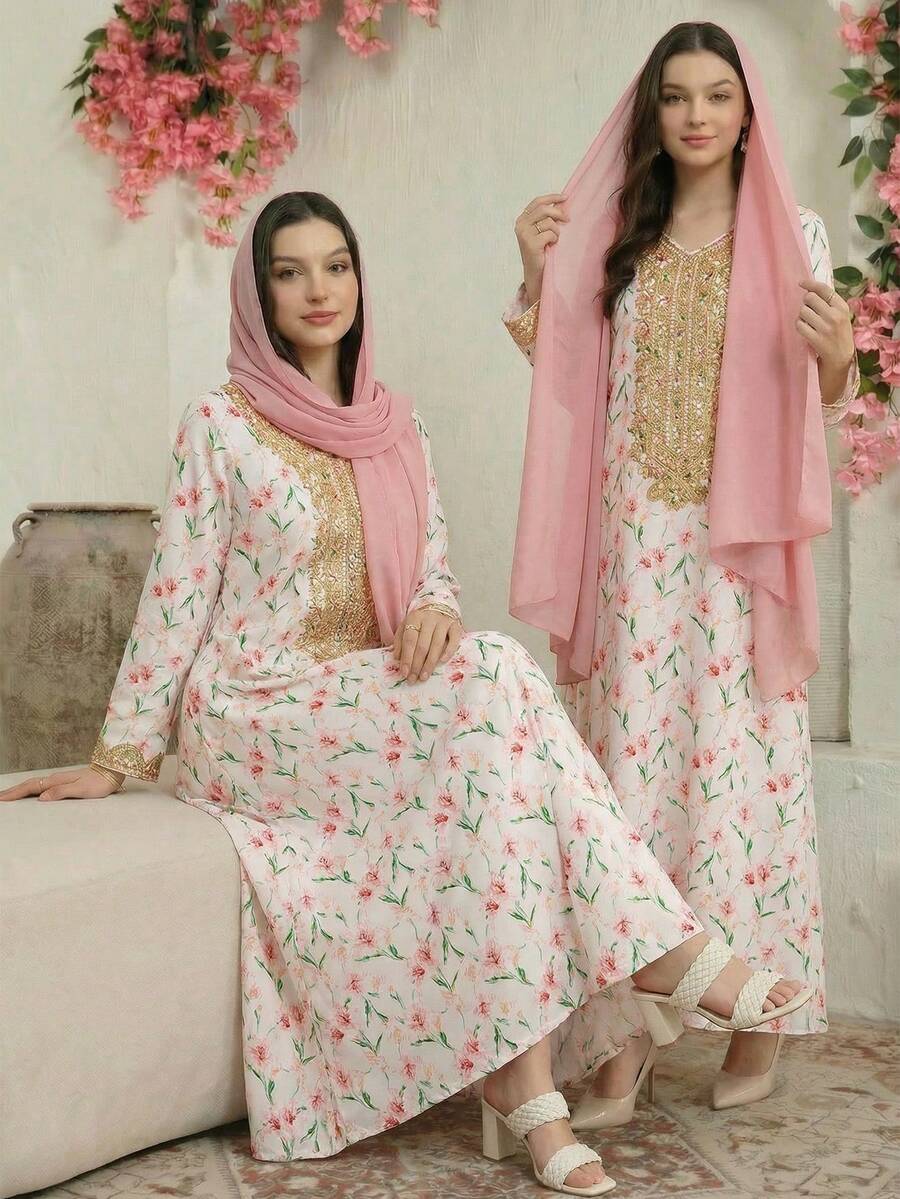 少女款传统阿拉伯花卉复古印花长袍，宽松休闲长袖卡夫坦长裙，饰有精致刺绣滚边，粉色 - 彩色 - 查看 1