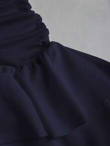 Sweetra Đầm ngắn màu đen dệt kim và đan ghép mảnh, cổ chữ V, hở lưng, viền bèo nhún, thắt eo, kiểu dáng tối giản thanh lịch, thích hợp cho kỳ nghỉ và trang phục thường ngày dành cho nữ, mùa xuân/hè. - Màu xanh hải quân - Xem 4