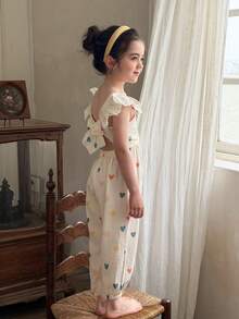 LMoss Kids 少女心形印花荷叶边领休闲连体裤 - 彩色 - 查看 6