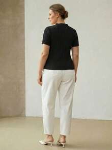 MOTF PREMIUM PLUS ELEGANT KNIT TEXTURED ELASTIC T-SHIRT WITH SMALL STAND COLLAR, SPRING/SUMMER - Black - View 2