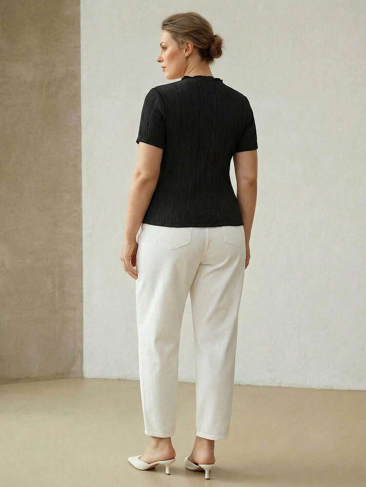 PLUS ELEGANT KNIT TEXTURED ELASTIC T-SHIRT WITH SMALL STAND COLLAR, SPRING/SUMMER