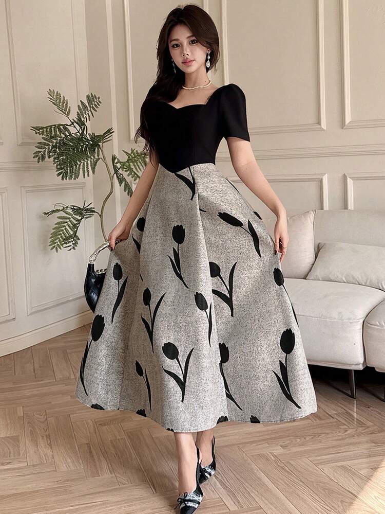 Women's Elegant Floral Patchwork Puff Sleeve Dress, Summer Wedding Guest Dress Sundress