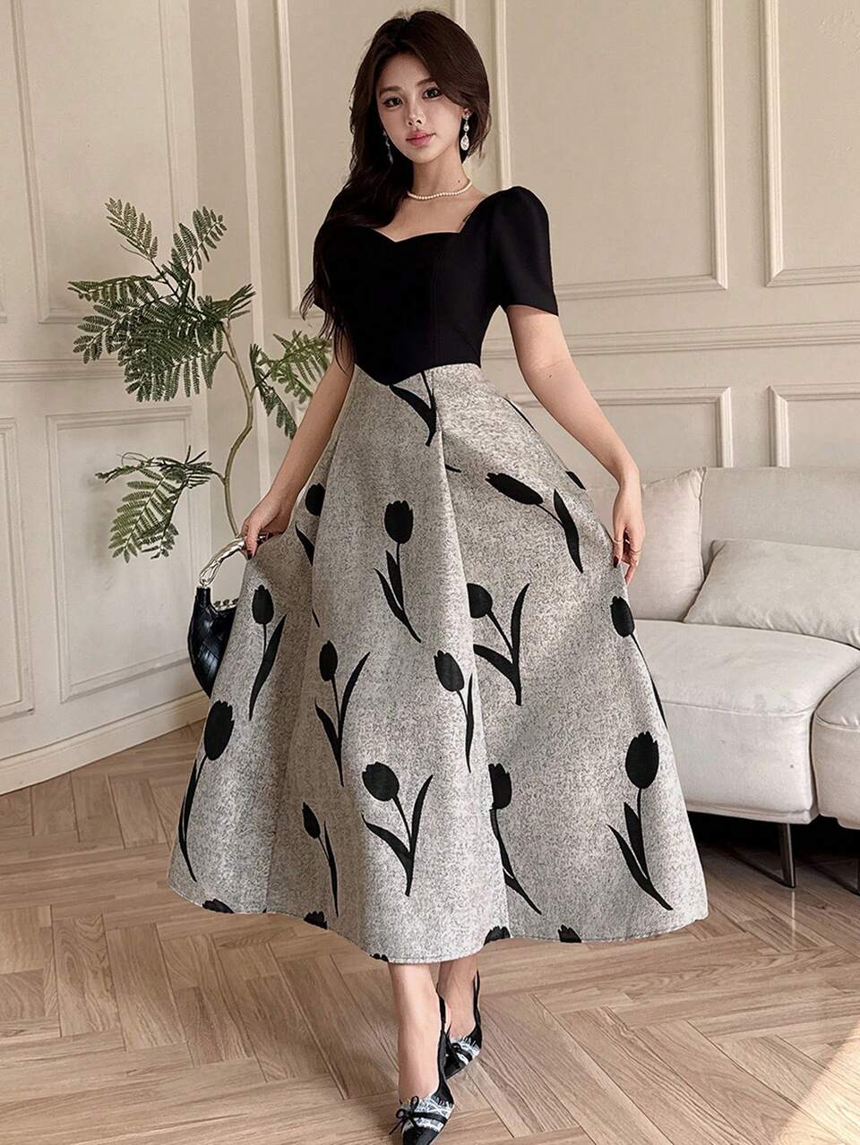 Women's Elegant Floral Patchwork Puff Sleeve Dress, Summer Wedding Guest Dress Sundress