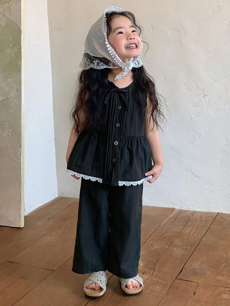 2pcs Baby Girls Lace Ruffle Trim Sleeveless Shirt & Pants Set Summer Toddler Girls Clothes