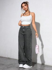 SHEIN ICON 大码女式松紧腰复古浅蓝色直筒牛仔裤 - 深灰色 - 查看 4