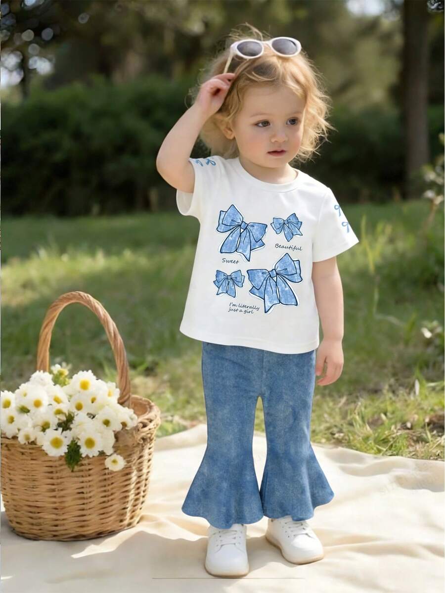 Set de 2 piezas con parte superior de manga corta con estampado de lazo y pantalones acampanados para niñas bebés, ligero y de moda, adecuado para primavera, verano y otoño, de 6 meses a 2-3 años - Multicolor - Ver 1