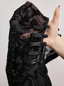 ROMWE Avant Spring/SummergraphicNew Chinese Style Mandarin Collar Mesh Flocked Mesh Asymmetric Slim Fit Women Top - Black - View 8