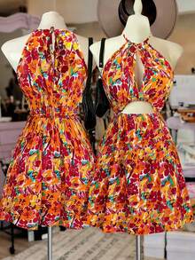 GlowEve Women's Elegant Sleeveless Fitted Flared Mini Dress With Hollow Design, Bow Tie Straps, Spring/Summer - Multicolor - View 1