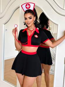 2pcs Nurse Costume Set - Zipper Top And Mini Skirt
