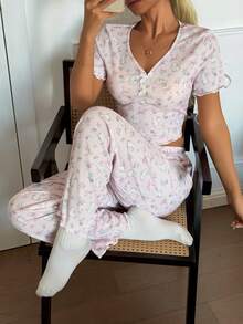 CottageSlumber Bộ đồ ngủ tay ngắn in họa tiết hoa và thỏ lãng mạn, trang trí cúc áo, dành cho nữ. - Màu Hồng baby - Xem 6