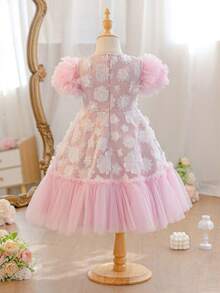 SHEIN 女童雪纺碎花荷叶边圆领休闲连衣裙 - 白色 - 查看 9