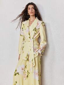 ZEYLAH Floral Print Cinched Waist Fitted Blazer Jacket, Spring - Light Yellow - View 1
