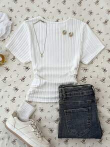 SHEIN 少女休闲街头风蝴蝶结刺绣图案紧身短袖T恤 - 白色 - 查看 2