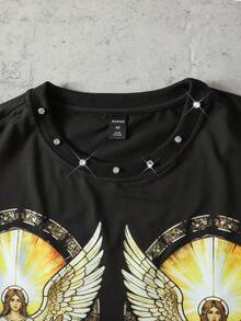 ROMWE MEN Street Life Spring/Summer Casual Graphic Men'S Rhinestone Print Loose Short T-Shirt - Black - View 3