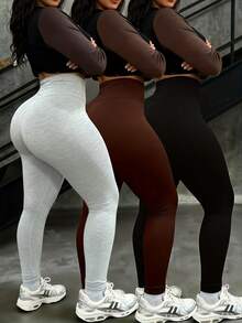 INAWLY 3件套 女士纯色高腰修身休闲运动瑜伽裤 - 彩色 - 查看 1