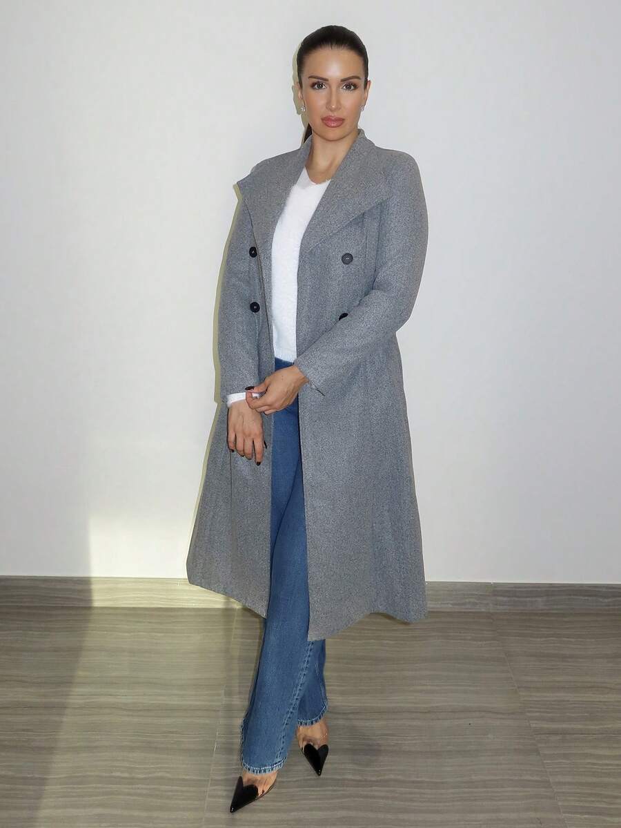 MDEdit 人字紋雙排扣大衣 - 灰色 - 查看 1