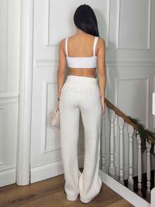 Ronhire 罗纹针织钩编细节翻折腰带阔腿裤套装（仅下装）秋季舒适可爱休闲咖啡俱乐部优雅晚宴派对 - 奶油色 - 查看 2