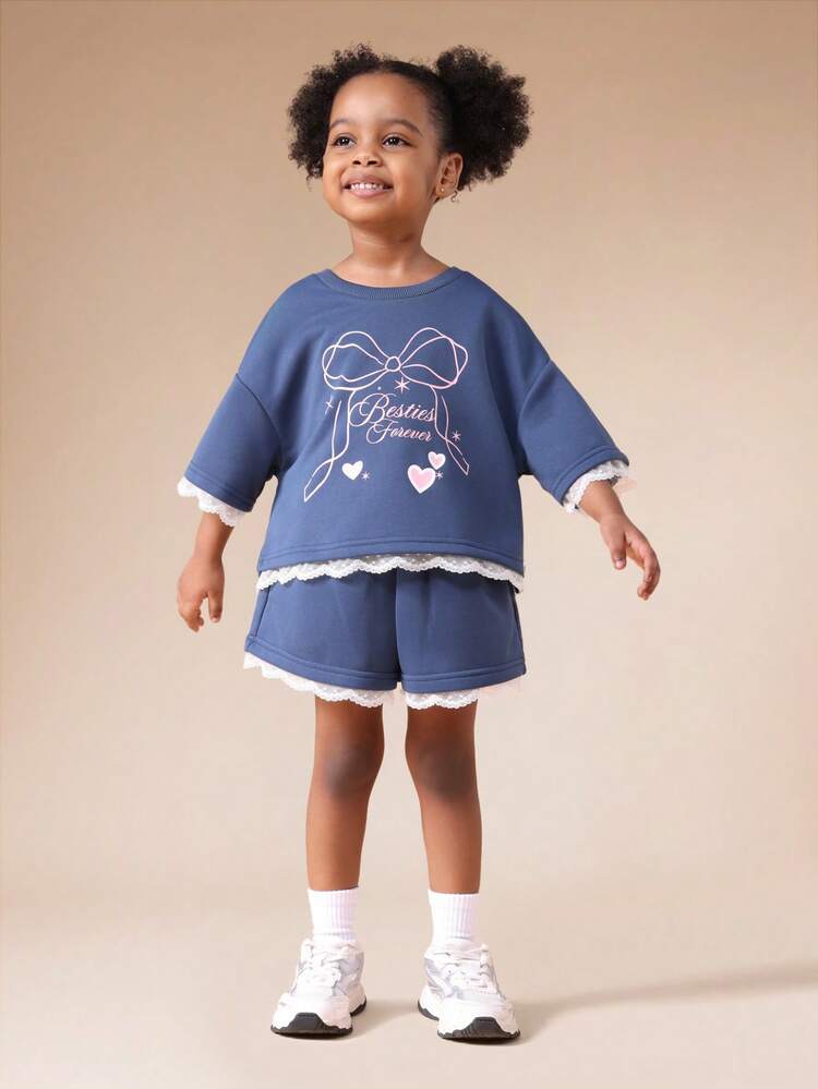 Lace Trim Sweatshirt And Shorts Set With Bow Print