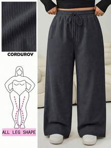 Solflare Calças casuais de veludo cotelê plus size com cordão na cintura, cinza escuro, outono - Cinza escuro - Ver 1