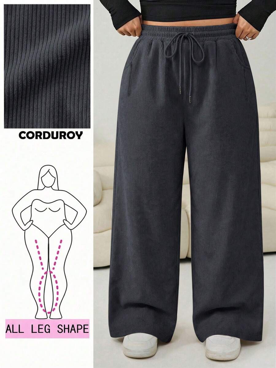 Solflare Calças casuais de veludo cotelê plus size com cordão na cintura, cinza escuro, outono - Cinza escuro - Ver 1