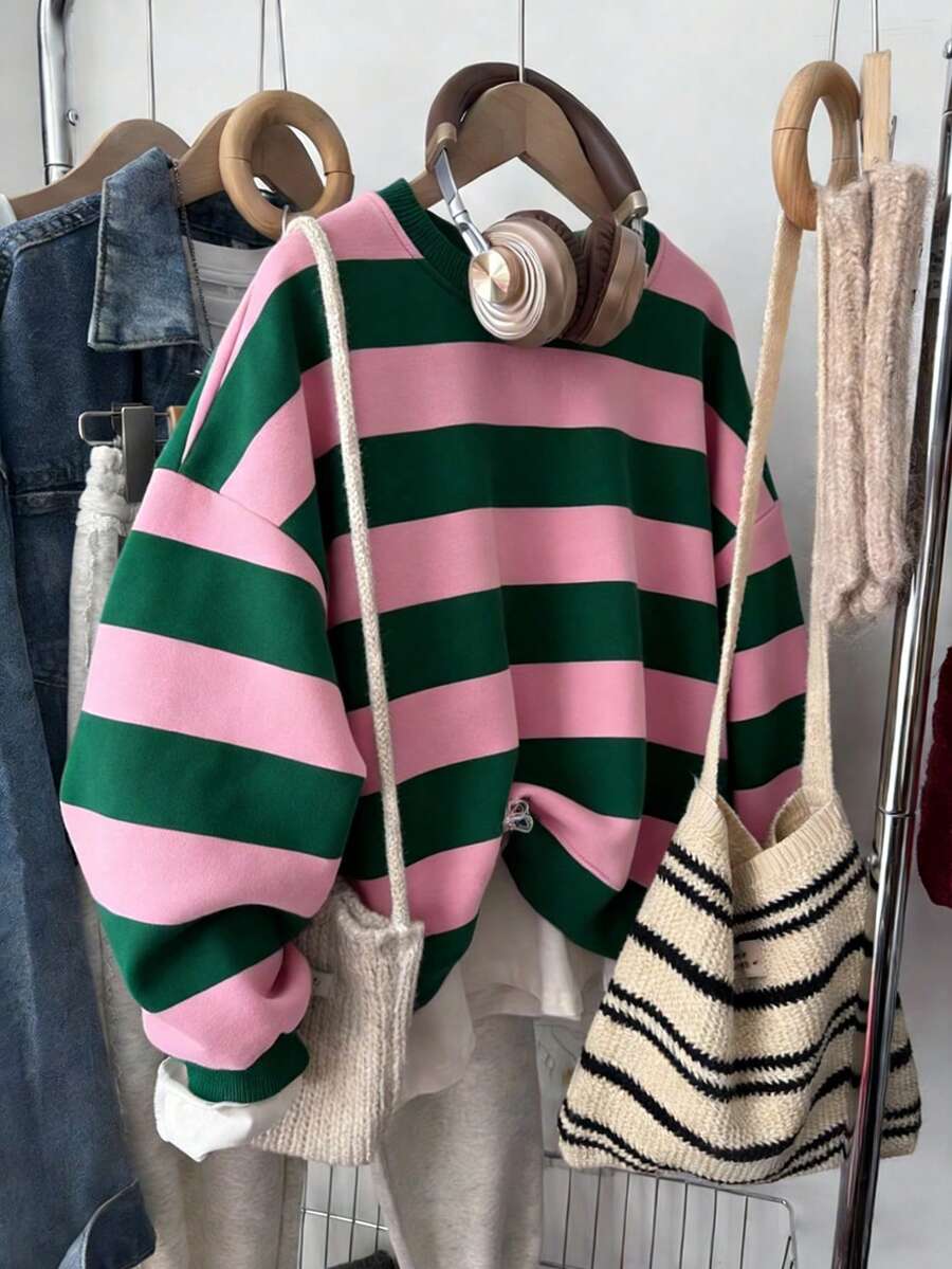 Franclia 加大码女式休闲宽松条纹绿粉圆领卫衣，圣诞节