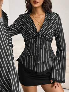 Black Vertical Stripe Contrast Lace V-Neck Tie Waist Sexy Blouse For Date - Black - View 4