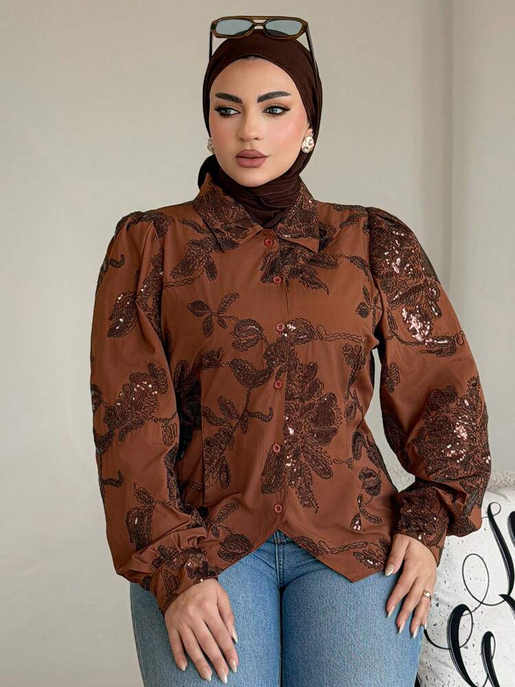 Dazy Plus Floral Embroidered & Sequin Decor Slim Fit Casual/Work Wear Collared Long Sleeve Blouse, Plus Size Women, Spring/Summer