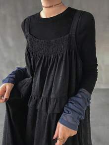 FRIFUL 女士纯色100%棉吊带褶皱荷叶边宽松休闲连衣裙长裙 - 黑色 - 查看 7