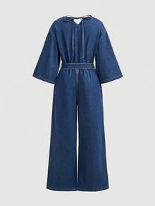 Maija Dark Blue Denim Jumpsuit With V-Neck, Three-Quarter Sleeves, And A Bow Belt.Casual Jumpsuit - Dark Wash - View 3