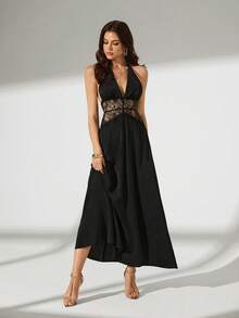 Bluhae Elegant Sexy Spaghetti Strap Lace Hollow Out Waist Midi Dress For Women - Black - View 3