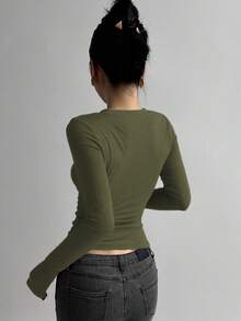 DAZY Áo thun nữ dài tay ôm sát, cổ khóa kéo nửa thân, phong cách Y2K - màu xanh lá - Xem 3