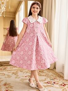 SHEIN Đầm ngắn tay thanh lịch họa tiết hoa jacquard dành cho bé gái tuổi teen - Hồng - Xem 9