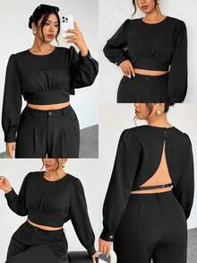 SHEIN Privé قميص أنيق بأكمام منتفخة وياقة مستديرة للنساء ذوات الحجم الكبير - الأسود - مشاهدة 8