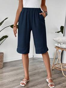 EMERY ROSE Pantalones de lino de estilo campestre casual de media longitud con botones para mujer, de verano - Blue Power - Ver 3